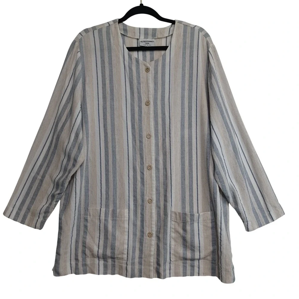 Alfred Dunner Tunic Womens 22W Linen Blend Striped Coastal‎ Relaxed Lagenlook